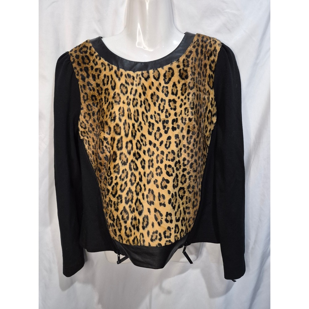 Milly Leopard Faux Fur Lamb Leather Trim Zip Top Black Size 8 Made in USA